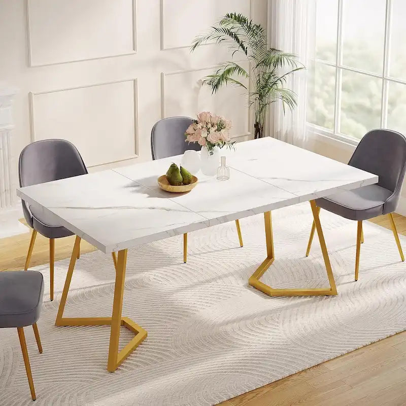 Dining Table – White & Gold / Brown / Grey, Faux Marble Top, Metal Frame, Adjustable Feet, Modern Style