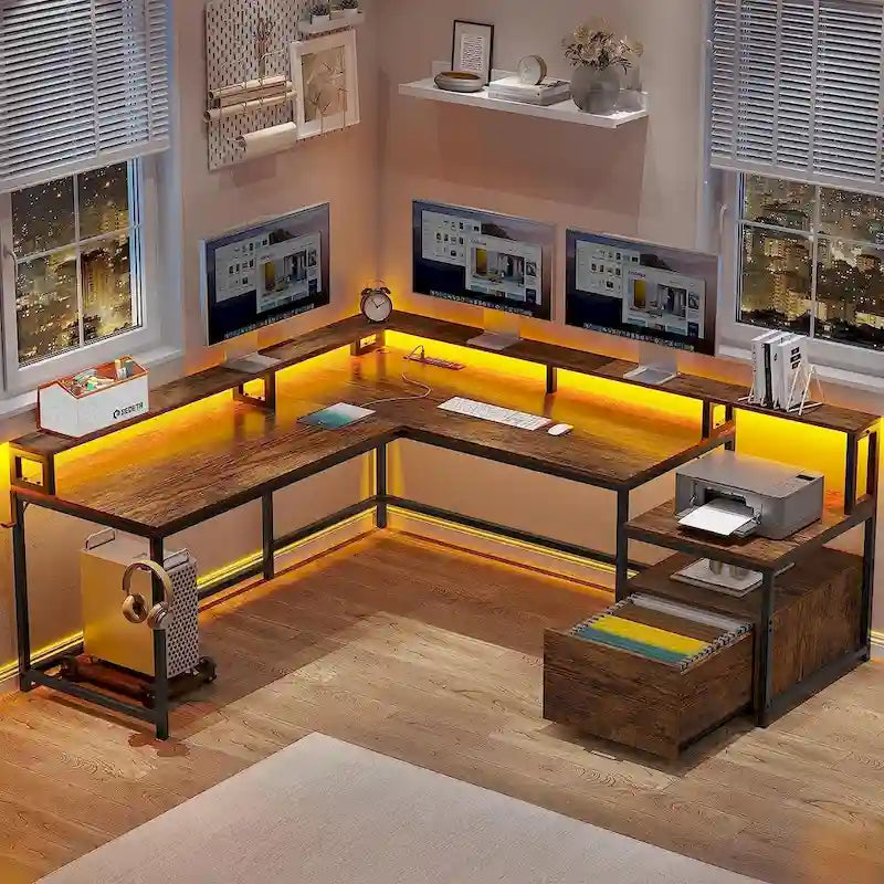 L Shape Gaming Computer Desk with File Drawer Printer Storage Shelves