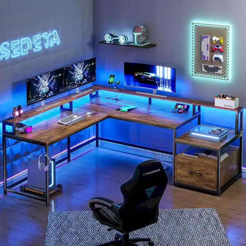 L-Shaped Corner Desk – Brown, RGB LED Strip, File Drawer, Monitor Shelf, Power Outlet, Seats 2