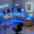 L-Shaped Corner Desk – Brown, RGB LED Strip, File Drawer, Monitor Shelf, Power Outlet, Seats 2