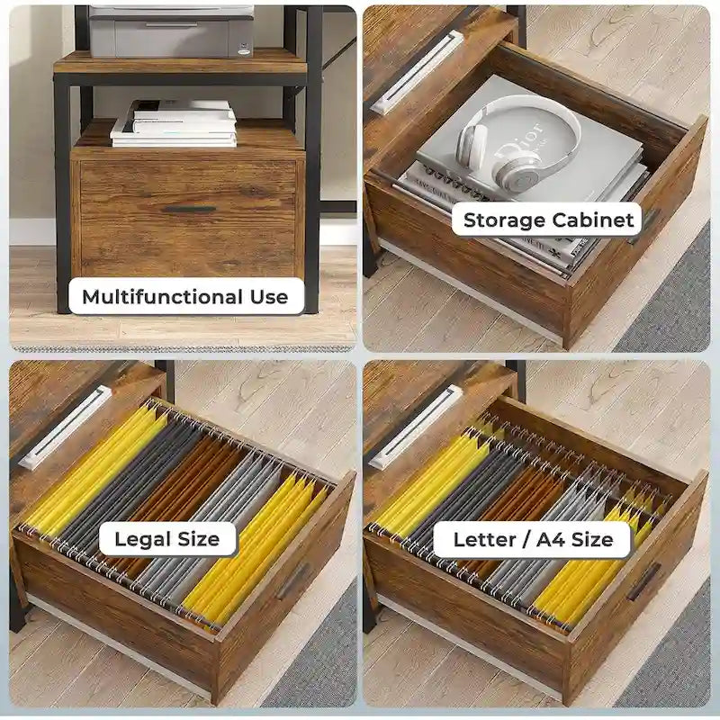 L-Shaped Corner Desk – Brown, RGB LED Strip, File Drawer, Monitor Shelf, Power Outlet, Seats 2
