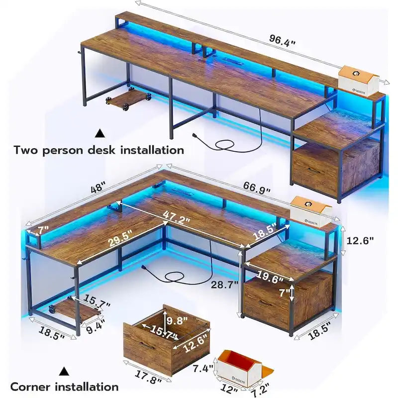 L-Shaped Corner Desk – Brown, RGB LED Strip, File Drawer, Monitor Shelf, Power Outlet, Seats 2