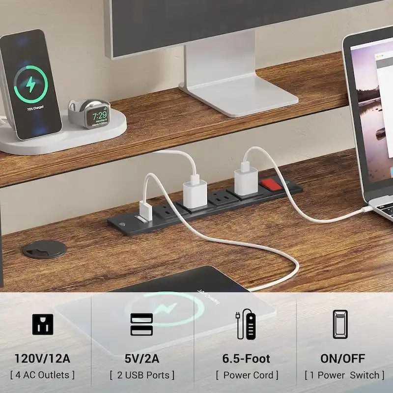 L-Shaped Corner Desk – Brown, RGB LED Strip, File Drawer, Monitor Shelf, Power Outlet, Seats 2