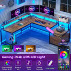L-Shaped Corner Desk – Brown, RGB LED Strip, File Drawer, Monitor Shelf, Power Outlet, Seats 2
