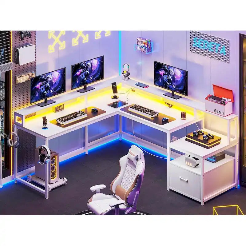 L-Shaped Corner Desk – Brown, RGB LED Strip, File Drawer, Monitor Shelf, Power Outlet, Seats 2