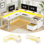 L-Shaped Corner Desk – Brown, RGB LED Strip, File Drawer, Monitor Shelf, Power Outlet, Seats 2
