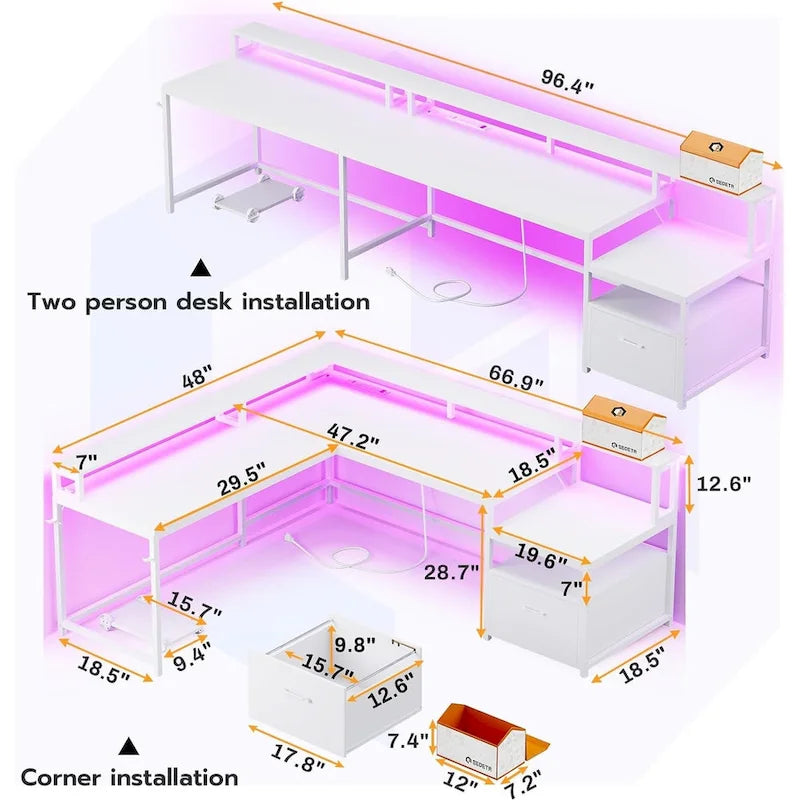 L-Shaped Corner Desk – Brown, RGB LED Strip, File Drawer, Monitor Shelf, Power Outlet, Seats 2