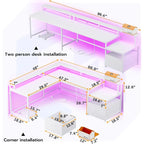 L-Shaped Corner Desk – Brown, RGB LED Strip, File Drawer, Monitor Shelf, Power Outlet, Seats 2