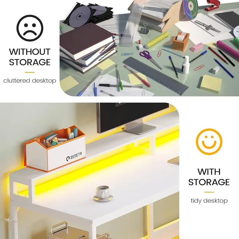 L-Shaped Corner Desk – Brown, RGB LED Strip, File Drawer, Monitor Shelf, Power Outlet, Seats 2