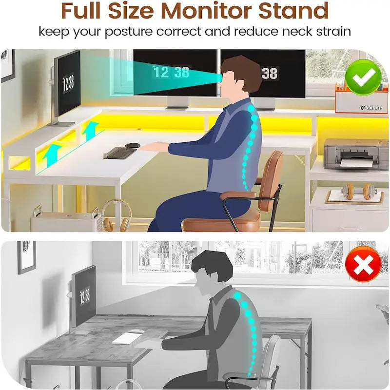 L-Shaped Corner Desk – Brown, RGB LED Strip, File Drawer, Monitor Shelf, Power Outlet, Seats 2