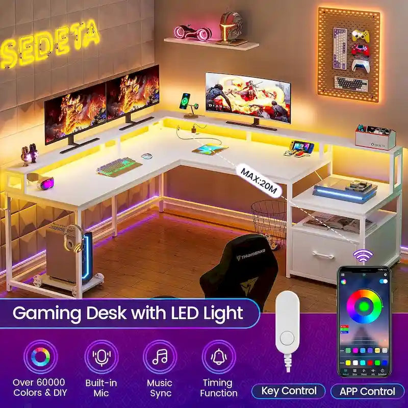 L-Shaped Corner Desk – Brown, RGB LED Strip, File Drawer, Monitor Shelf, Power Outlet, Seats 2