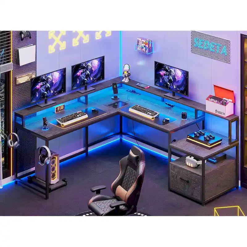 L-Shaped Corner Desk – Brown, RGB LED Strip, File Drawer, Monitor Shelf, Power Outlet, Seats 2