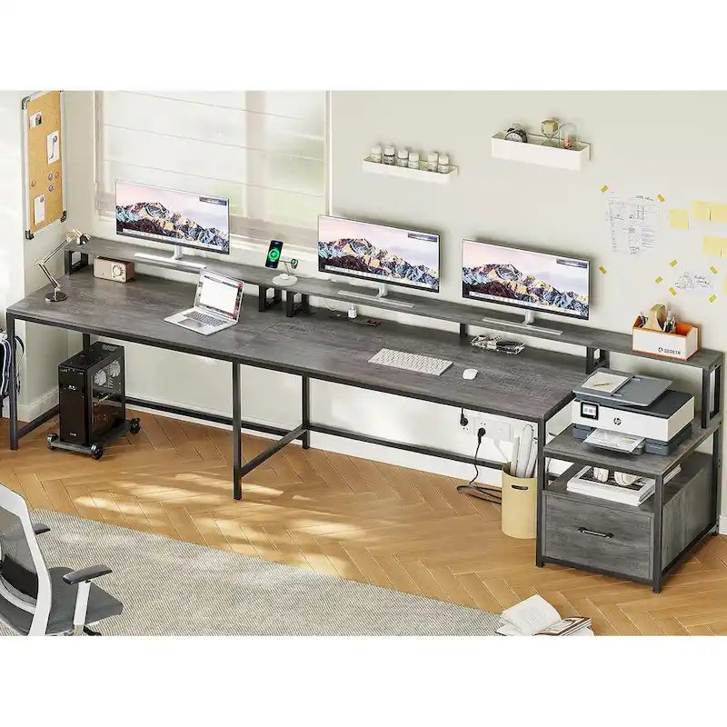 L-Shaped Corner Desk – Brown, RGB LED Strip, File Drawer, Monitor Shelf, Power Outlet, Seats 2