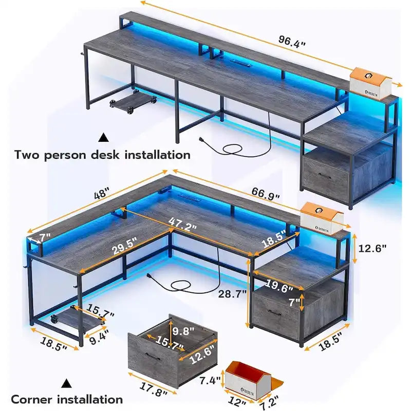 L-Shaped Corner Desk – Brown, RGB LED Strip, File Drawer, Monitor Shelf, Power Outlet, Seats 2