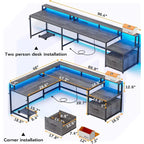 L-Shaped Corner Desk – Brown, RGB LED Strip, File Drawer, Monitor Shelf, Power Outlet, Seats 2