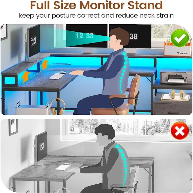 L-Shaped Corner Desk – Brown, RGB LED Strip, File Drawer, Monitor Shelf, Power Outlet, Seats 2
