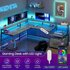 L-Shaped Corner Desk – Brown, RGB LED Strip, File Drawer, Monitor Shelf, Power Outlet, Seats 2