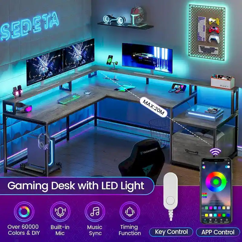L-Shaped Corner Desk – Brown, RGB LED Strip, File Drawer, Monitor Shelf, Power Outlet, Seats 2