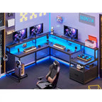 L-Shaped Corner Desk – Brown, RGB LED Strip, File Drawer, Monitor Shelf, Power Outlet, Seats 2