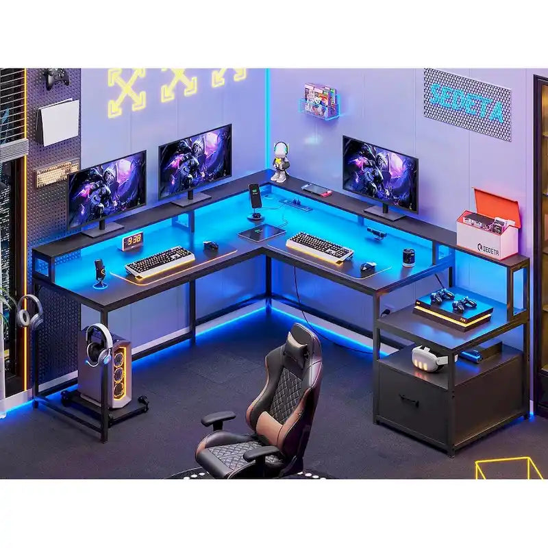 L-Shaped Corner Desk – Brown, RGB LED Strip, File Drawer, Monitor Shelf, Power Outlet, Seats 2