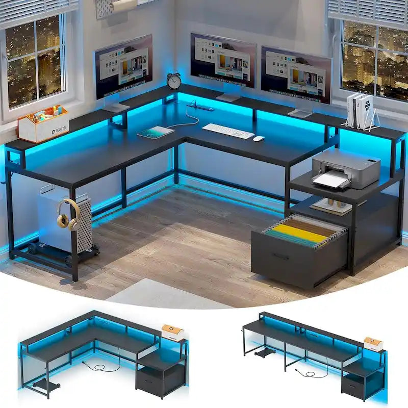 L-Shaped Corner Desk – Brown, RGB LED Strip, File Drawer, Monitor Shelf, Power Outlet, Seats 2