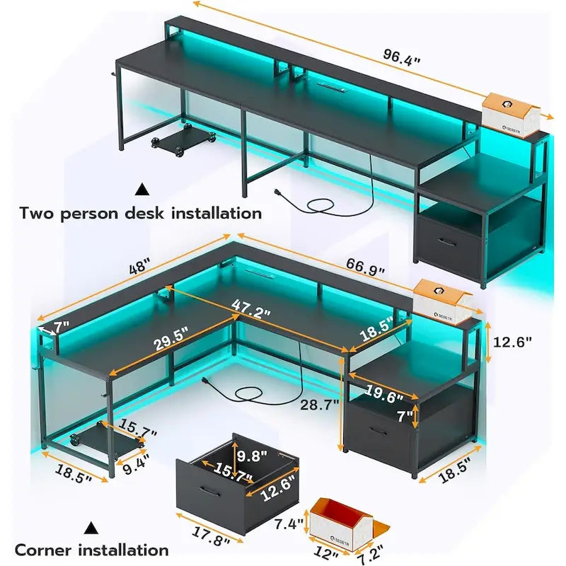 L-Shaped Corner Desk – Brown, RGB LED Strip, File Drawer, Monitor Shelf, Power Outlet, Seats 2