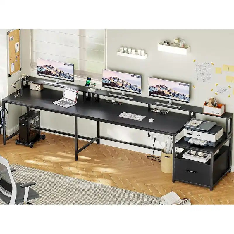 L-Shaped Corner Desk – Brown, RGB LED Strip, File Drawer, Monitor Shelf, Power Outlet, Seats 2