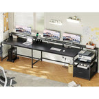 L-Shaped Corner Desk – Brown, RGB LED Strip, File Drawer, Monitor Shelf, Power Outlet, Seats 2