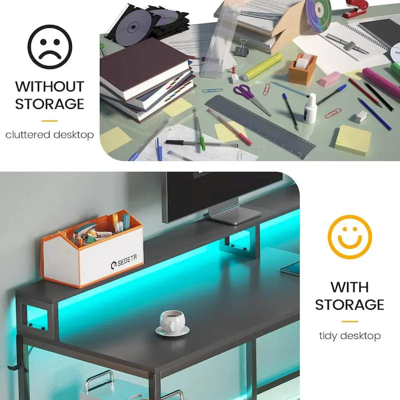 L-Shaped Corner Desk – Brown, RGB LED Strip, File Drawer, Monitor Shelf, Power Outlet, Seats 2