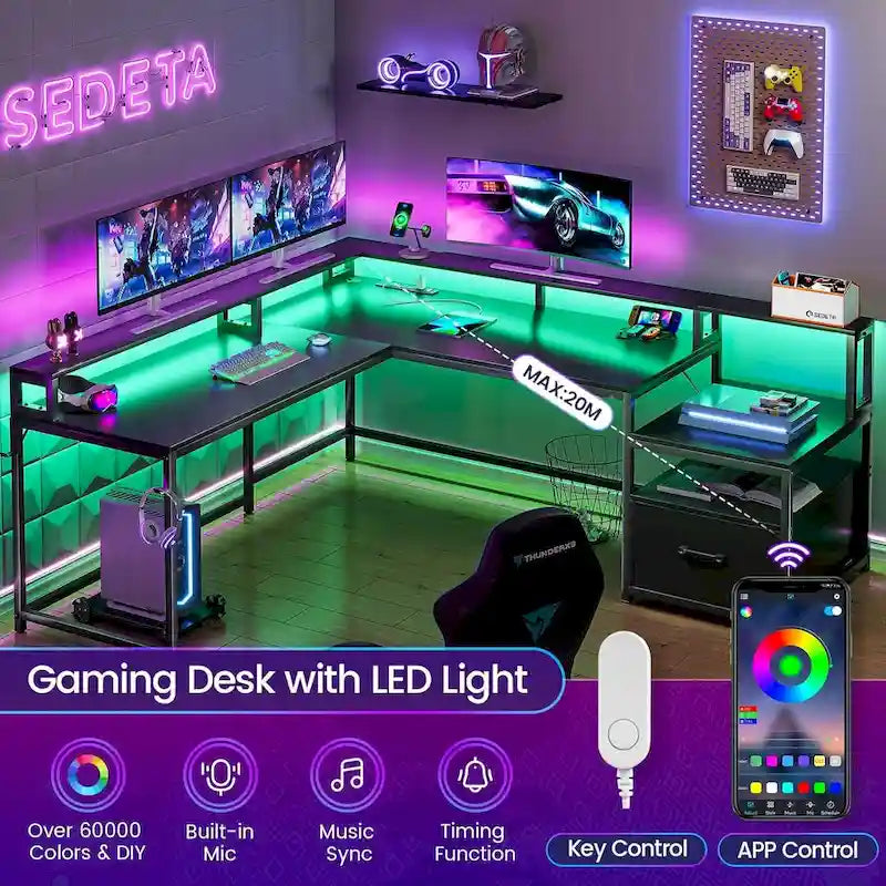 L-Shaped Corner Desk – Brown, RGB LED Strip, File Drawer, Monitor Shelf, Power Outlet, Seats 2