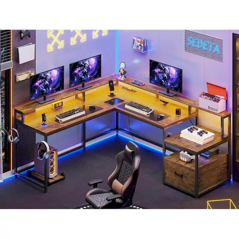 L-Shaped Corner Desk – Brown, RGB LED Strip, File Drawer, Monitor Shelf, Power Outlet, Seats 2