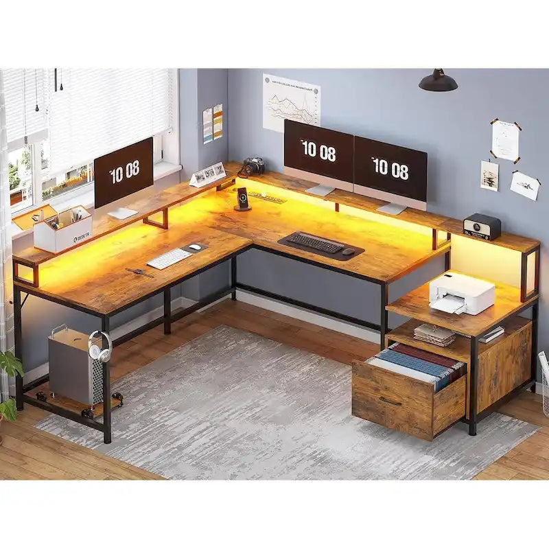 L-Shaped Corner Desk – Brown, RGB LED Strip, File Drawer, Monitor Shelf, Power Outlet, Seats 2