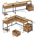 L-Shaped Corner Desk – Brown, RGB LED Strip, File Drawer, Monitor Shelf, Power Outlet, Seats 2