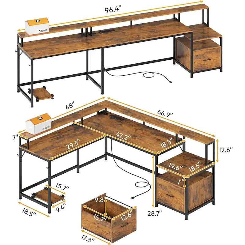 L-Shaped Corner Desk – Brown, RGB LED Strip, File Drawer, Monitor Shelf, Power Outlet, Seats 2