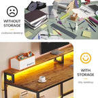 L-Shaped Corner Desk – Brown, RGB LED Strip, File Drawer, Monitor Shelf, Power Outlet, Seats 2