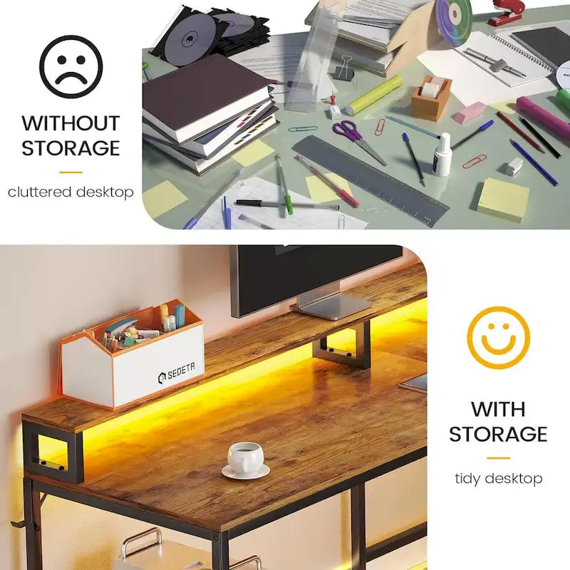 L-Shaped Corner Desk – Brown, RGB LED Strip, File Drawer, Monitor Shelf, Power Outlet, Seats 2