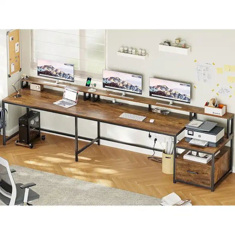 L-Shaped Corner Desk – Brown, RGB LED Strip, File Drawer, Monitor Shelf, Power Outlet, Seats 2