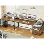 L-Shaped Corner Desk – Brown, RGB LED Strip, File Drawer, Monitor Shelf, Power Outlet, Seats 2