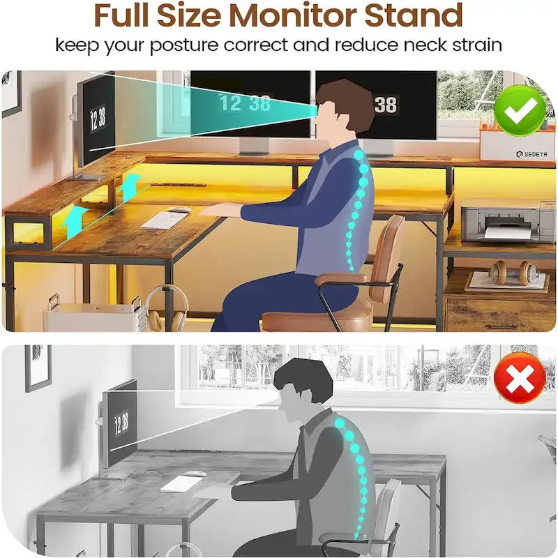 L-Shaped Corner Desk – Brown, RGB LED Strip, File Drawer, Monitor Shelf, Power Outlet, Seats 2