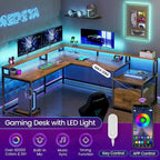 L-Shaped Corner Desk – Brown, RGB LED Strip, File Drawer, Monitor Shelf, Power Outlet, Seats 2