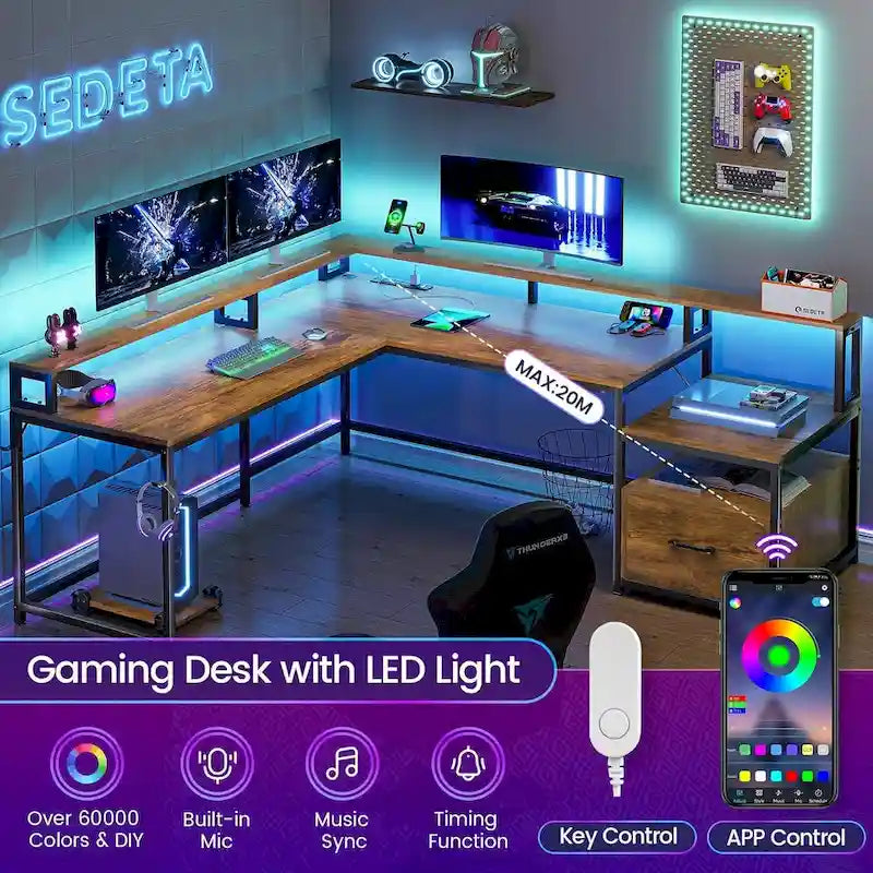L-Shaped Corner Desk – Brown, RGB LED Strip, File Drawer, Monitor Shelf, Power Outlet, Seats 2
