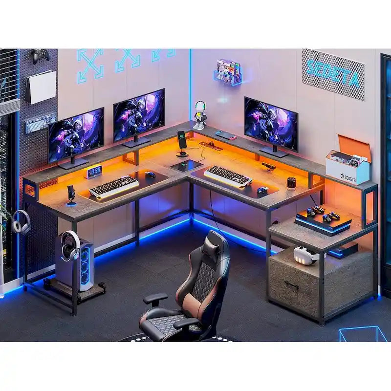 L-Shaped Corner Desk – Brown, RGB LED Strip, File Drawer, Monitor Shelf, Power Outlet, Seats 2