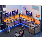 L-Shaped Corner Desk – Brown, RGB LED Strip, File Drawer, Monitor Shelf, Power Outlet, Seats 2