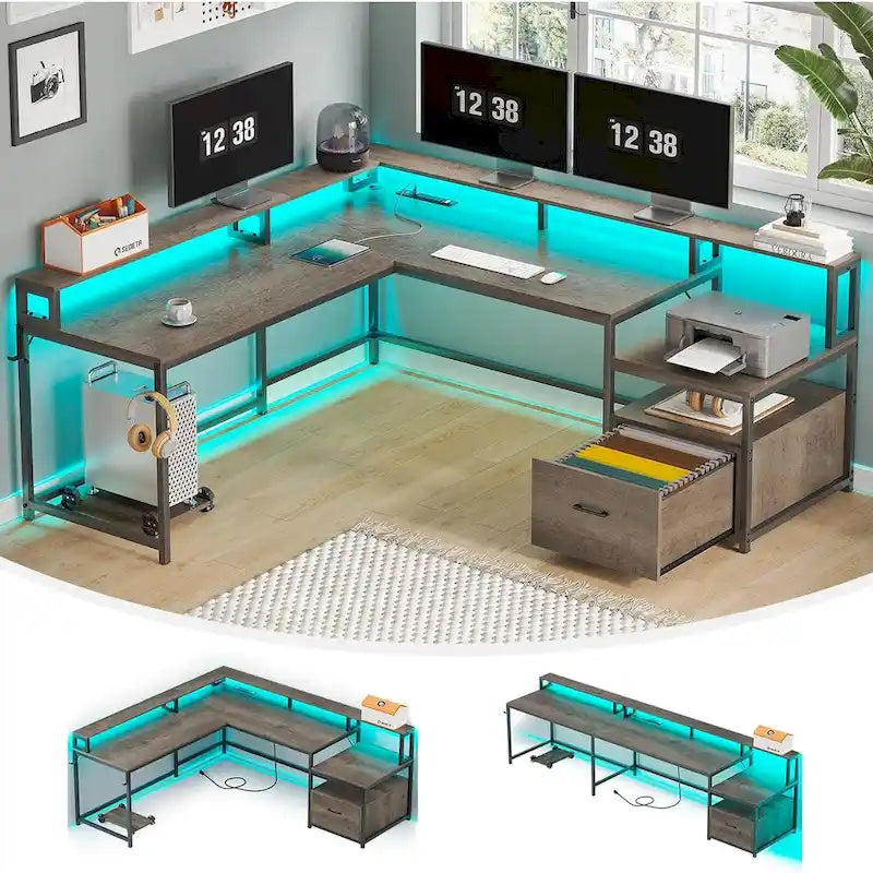 L-Shaped Corner Desk – Brown, RGB LED Strip, File Drawer, Monitor Shelf, Power Outlet, Seats 2