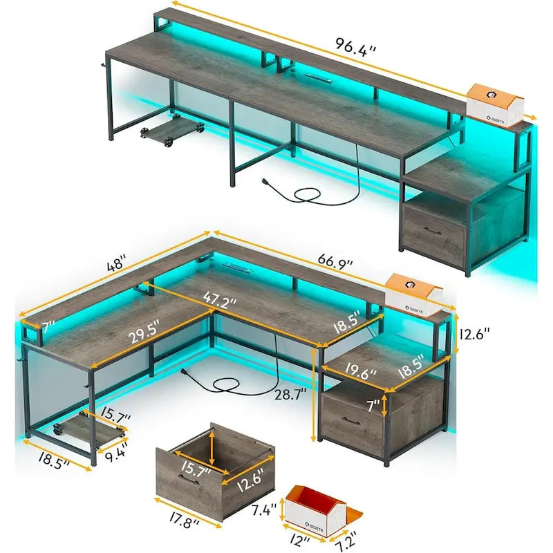 L-Shaped Corner Desk – Brown, RGB LED Strip, File Drawer, Monitor Shelf, Power Outlet, Seats 2