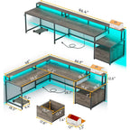 L-Shaped Corner Desk – Brown, RGB LED Strip, File Drawer, Monitor Shelf, Power Outlet, Seats 2