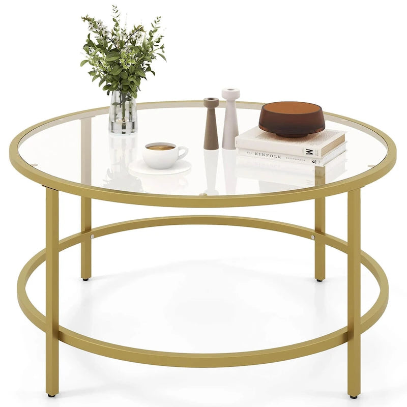 Costway 36  Round Coffee Table Tempered Glass Tabletop Metal Frame - See Details