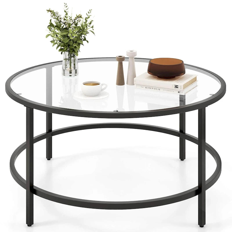 36-Inch Round Coffee Table – Golden, Tempered Glass Top, Metal Frame, Modern Style