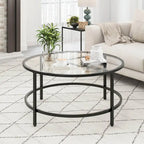 36-Inch Round Coffee Table – Golden, Tempered Glass Top, Metal Frame, Modern Style