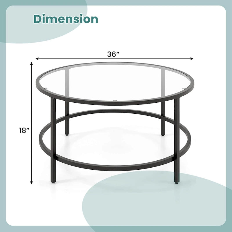 36-Inch Round Coffee Table – Golden, Tempered Glass Top, Metal Frame, Modern Style